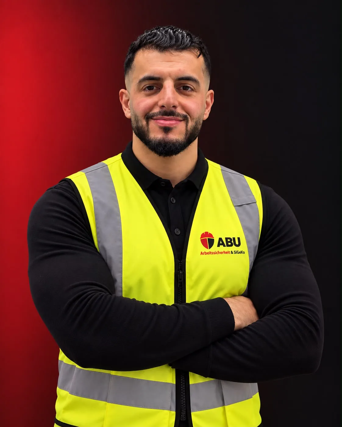 B.Eng. Mahmoud Abudaya in Warnweste mit ABU-Logo, Fachkraft für Arbeitssicherheit und SiGeKo